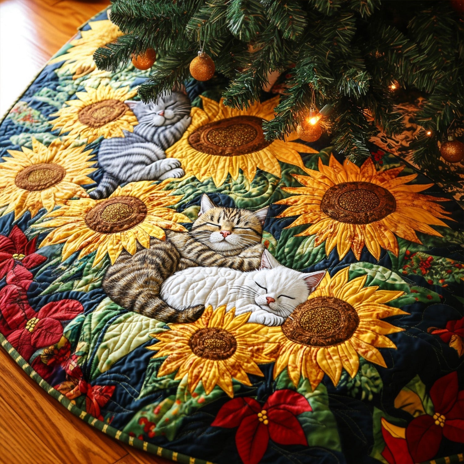 Sunflower Serenade Quilted Christmas Tree Skirt Festive Tree Base Cover