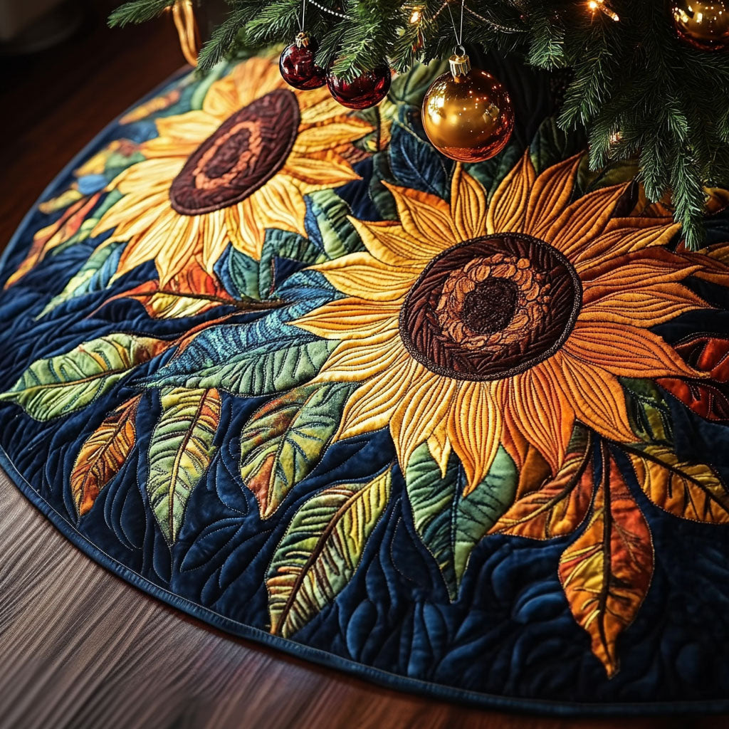 Sunflower Serenade Quilted Christmas Tree Skirt High-Quality Quilted Tree Skirt for Holiday Home Decor