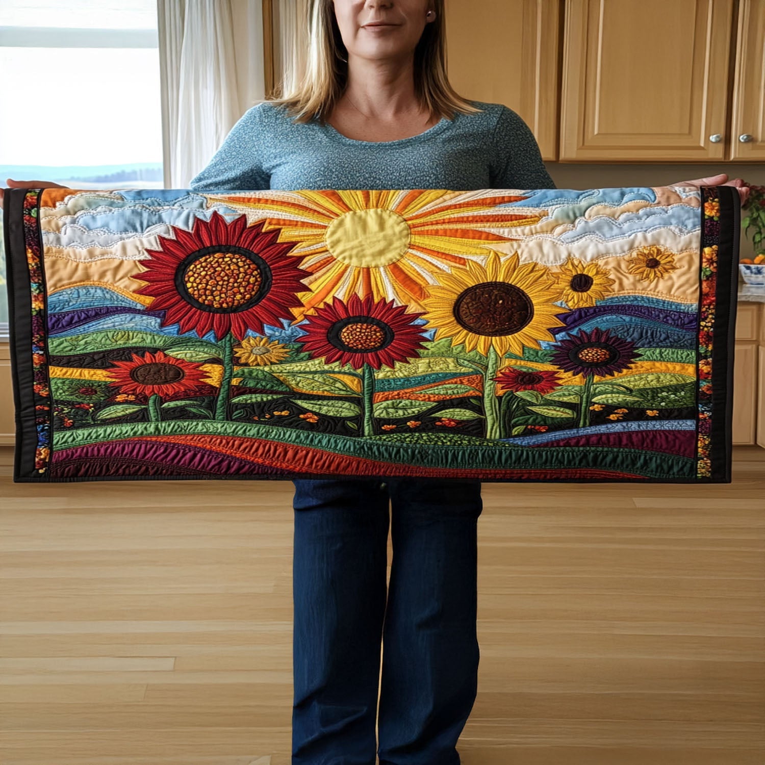 Sunflower Serenity Quilted Table Runner Floral Runner Best Gifts For New Moms
