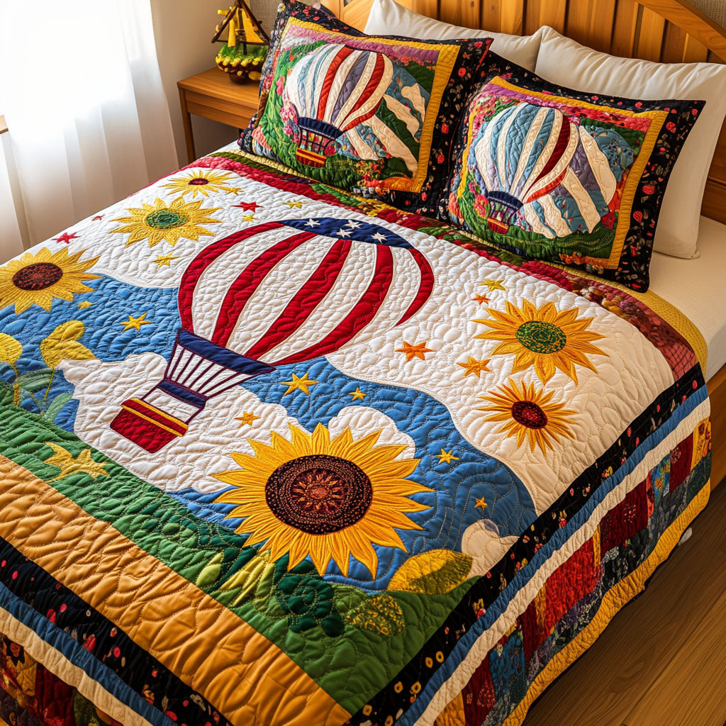 Sunflower Sky Ride Quilted Bedding Set Cool Bedroom Decor Sky Air Balloon Gifts For Him