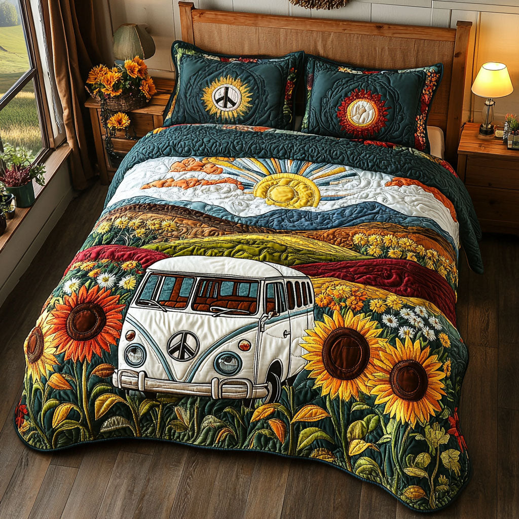 Sunflower Soul Van Quilted Bedding Set Bedroom Decor Gifts For Your Hippie Friend