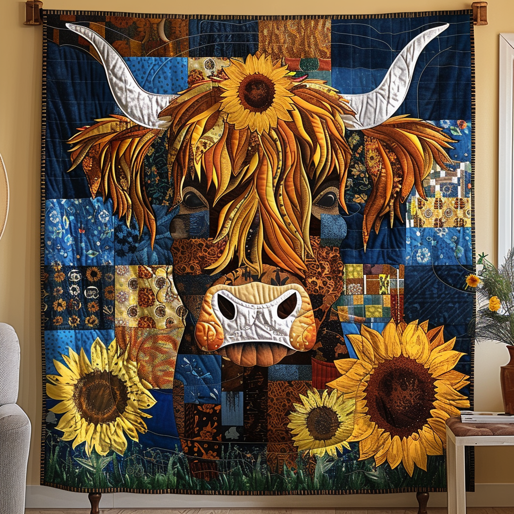 Sunflower Splendor Highland Quilted Blanket Presents For Cow Lovers