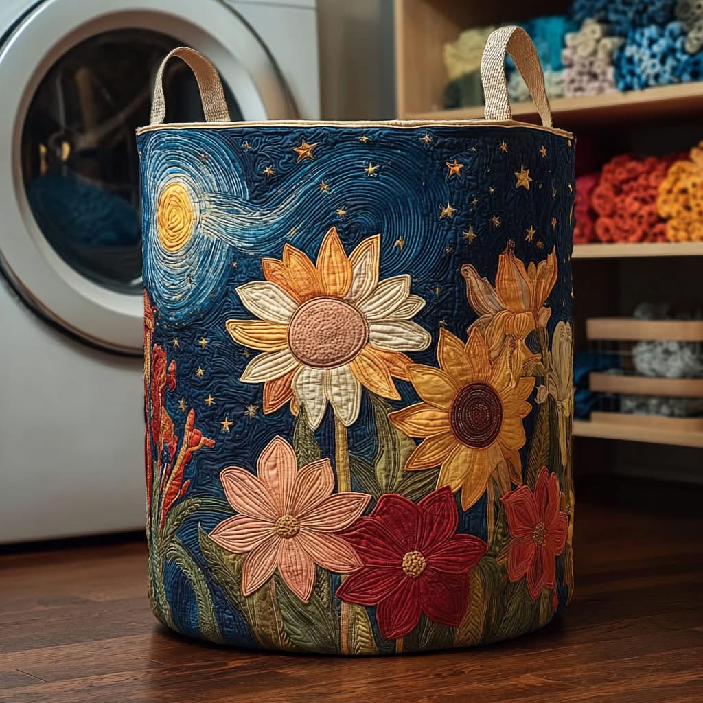 Sunflower Starry Night Garden Quilted Laundry Basket Artistic Home Decor Best Gift For Flower Lovers