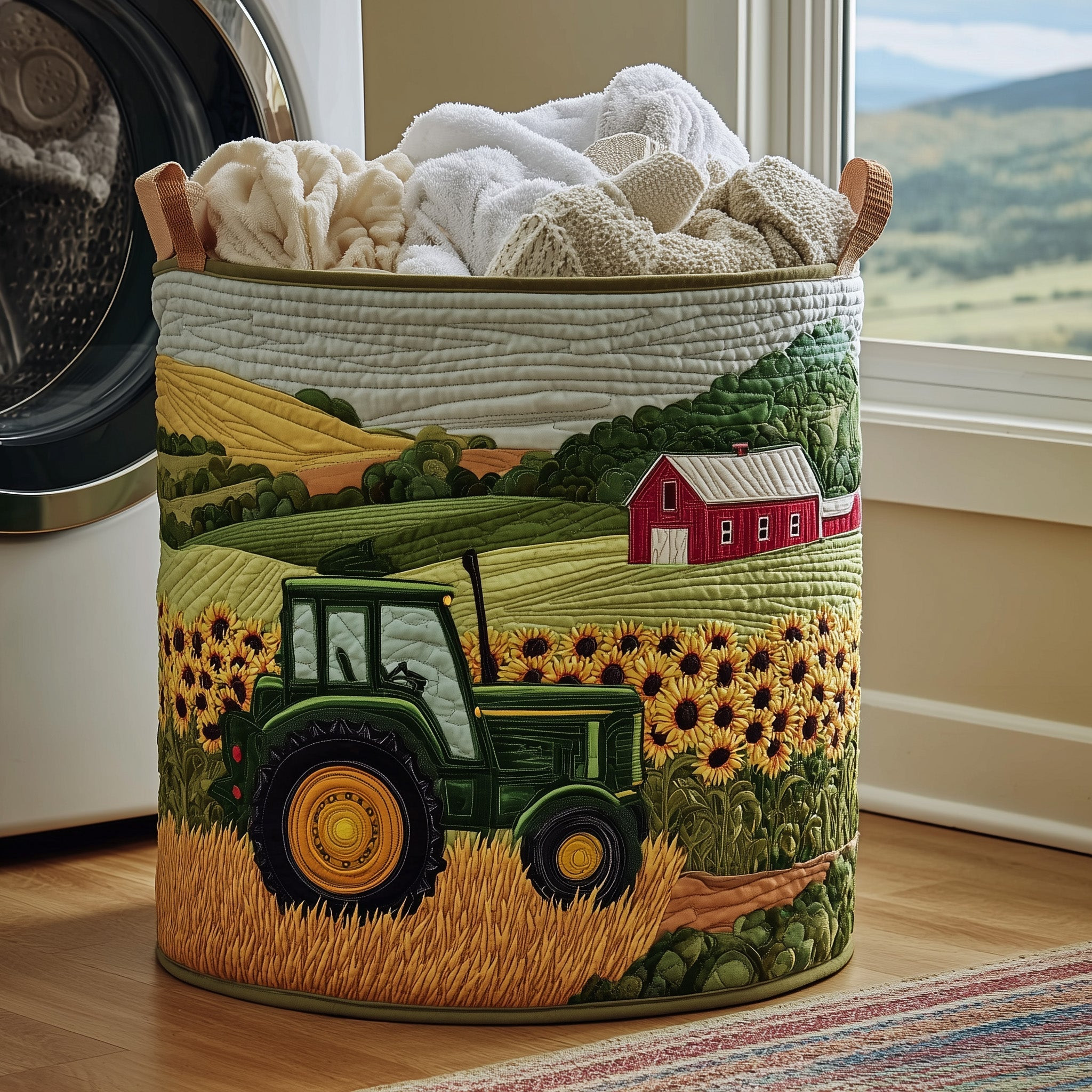 Sunflower Tractor Quilted Laundry Basket Rustic Home Decor Farmer Gift Ideas
