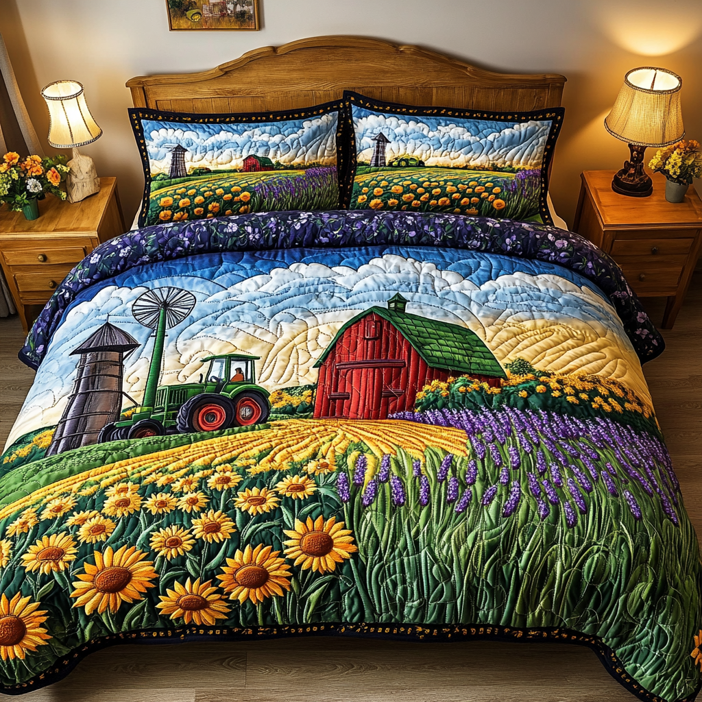 Sunflower Trail Quilted Bedding Set Cute Bedroom Decor Tractor Themed Gifts For Adults