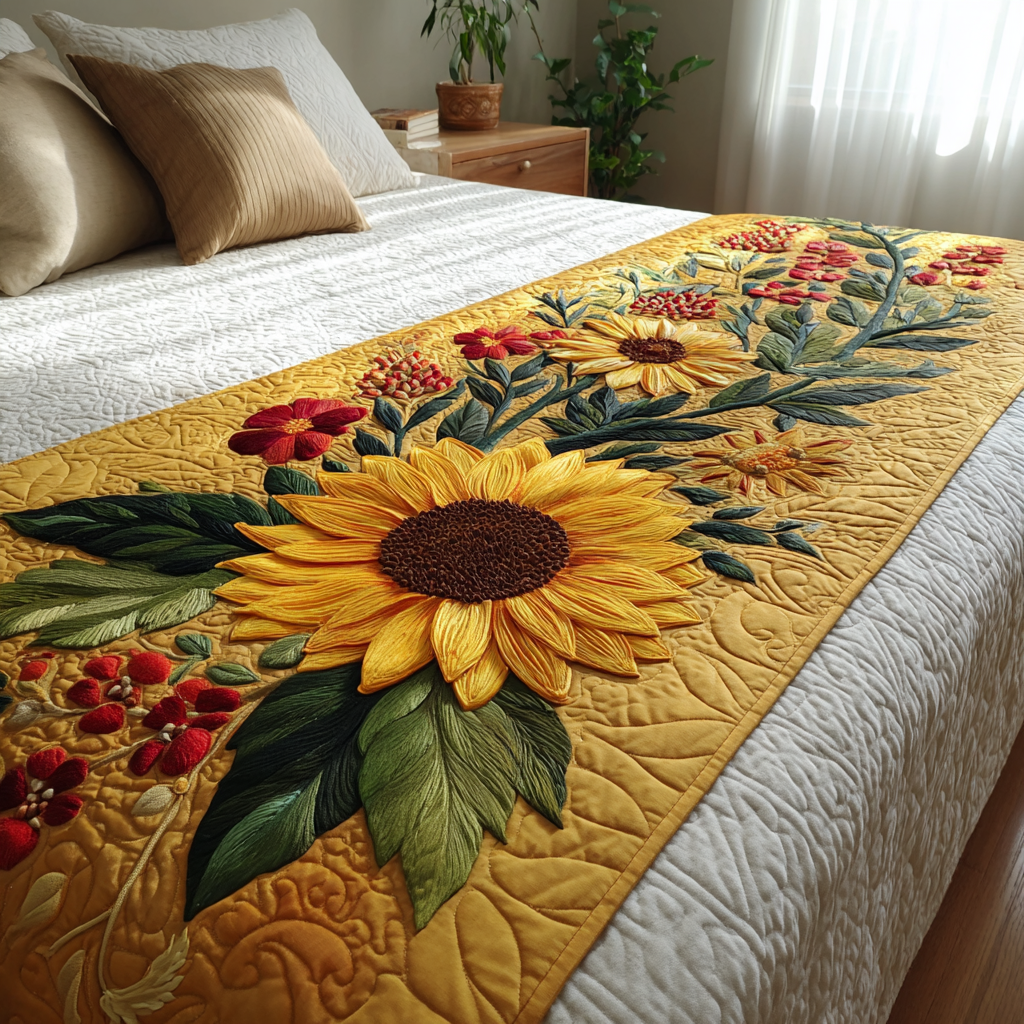 Sunflower Trails Quilted Bed Runner Cool Bedroom Decor Sunflower Throws