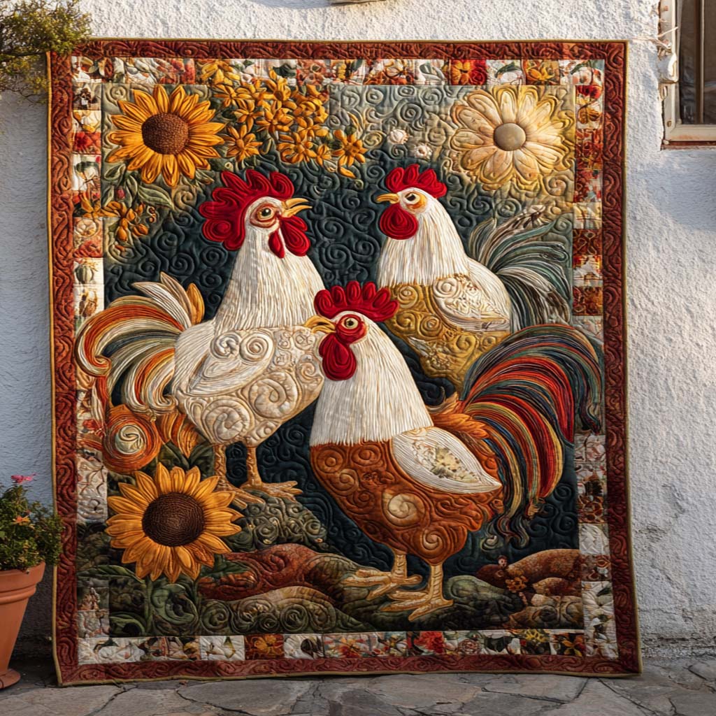Sunflower Trio Roosters Quilted Blanket Winter Decor Blanket Best Gifts For Chicken Owners