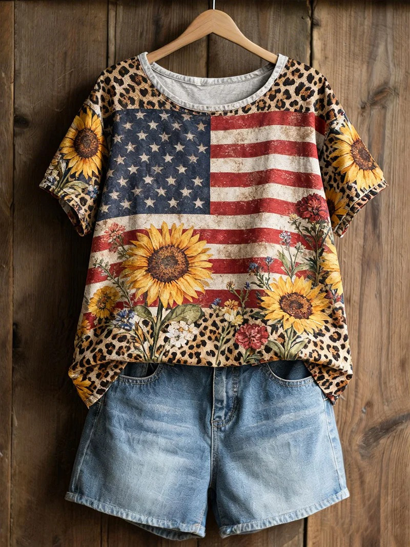 Sunflower USA Flag T-Shirt Vintage American Flag Clothing Gift For 4Th Of July