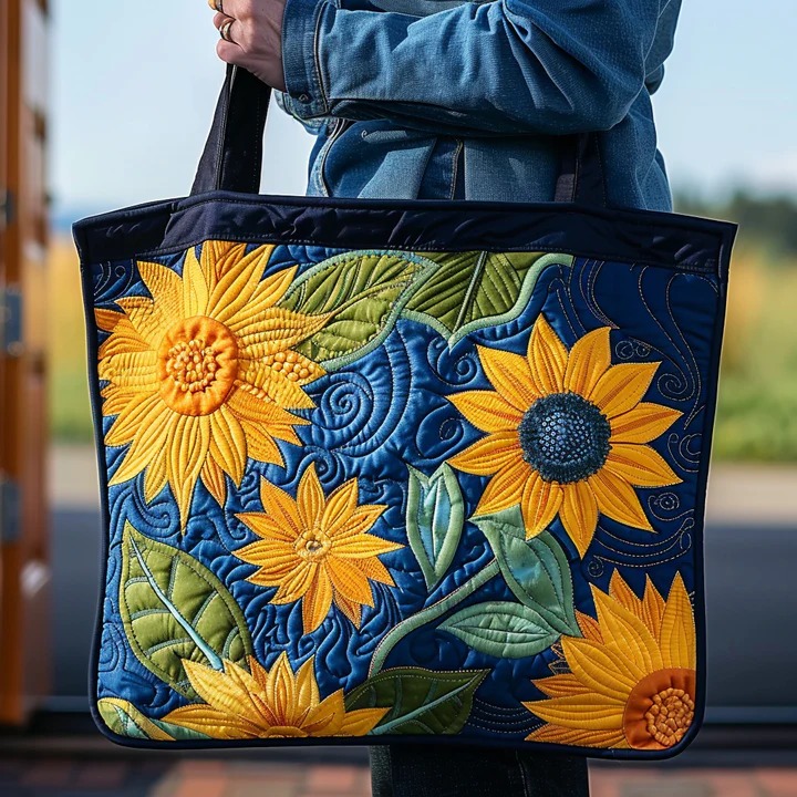 Sunflower Van Gogh Swirl Quilted Tote Bag Floral Garden Nature Lover Boho Art Outdoor Gift For Mom
