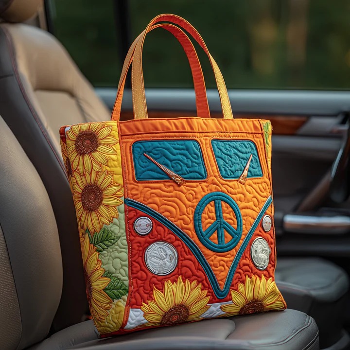 Sunflower Van Quilted Tote Bag Orange Boho Peace Sign Bag Best Gift For Hippie Women