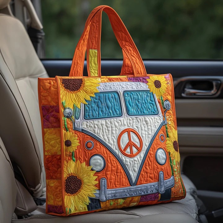Sunflower Van Quilted Tote Bag Orange Peace Sign Bag Retro Best Gift For Women
