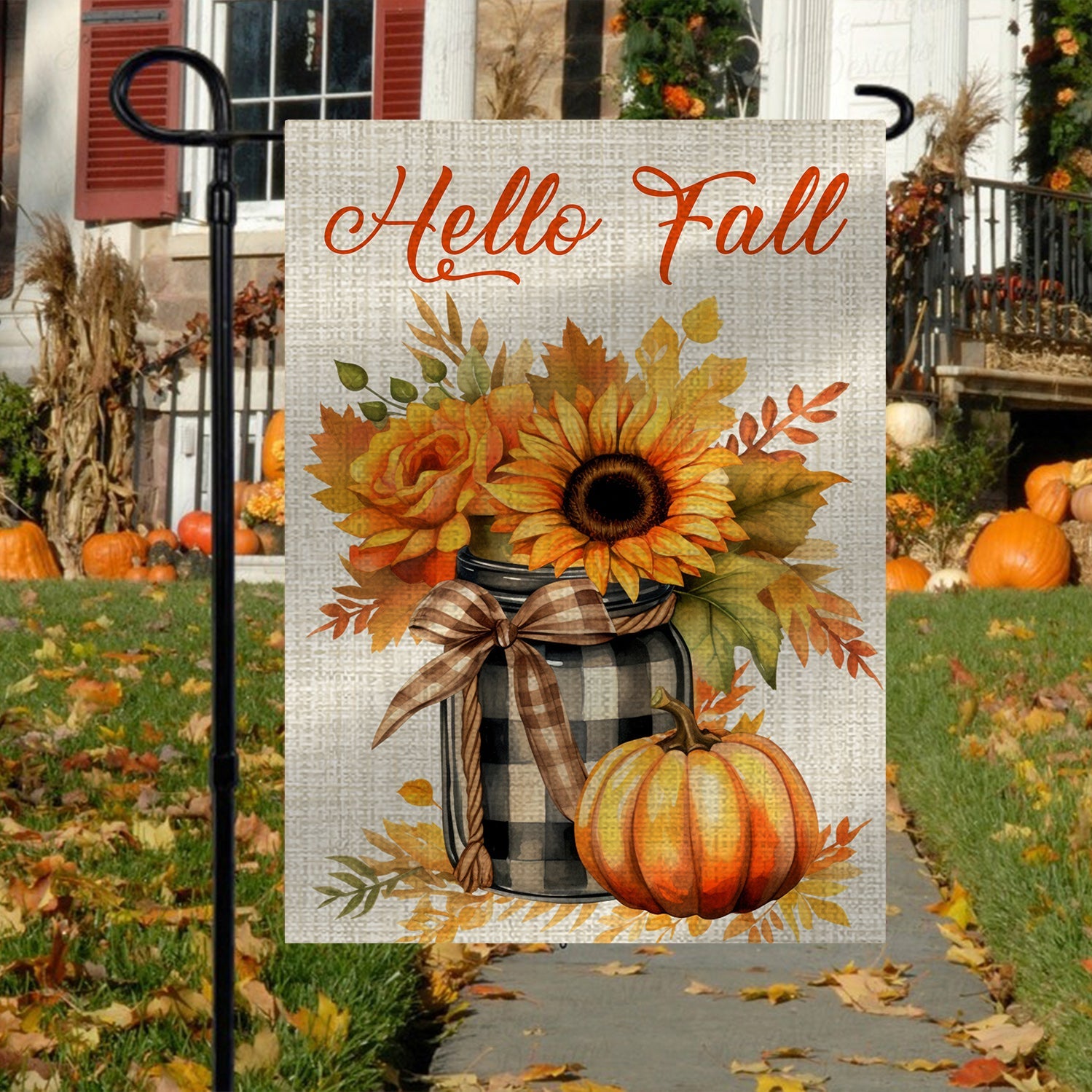 Sunflowers And Pumpkins Flag Hello Fall Autumn Vibe Thanksgiving Decor Gifts