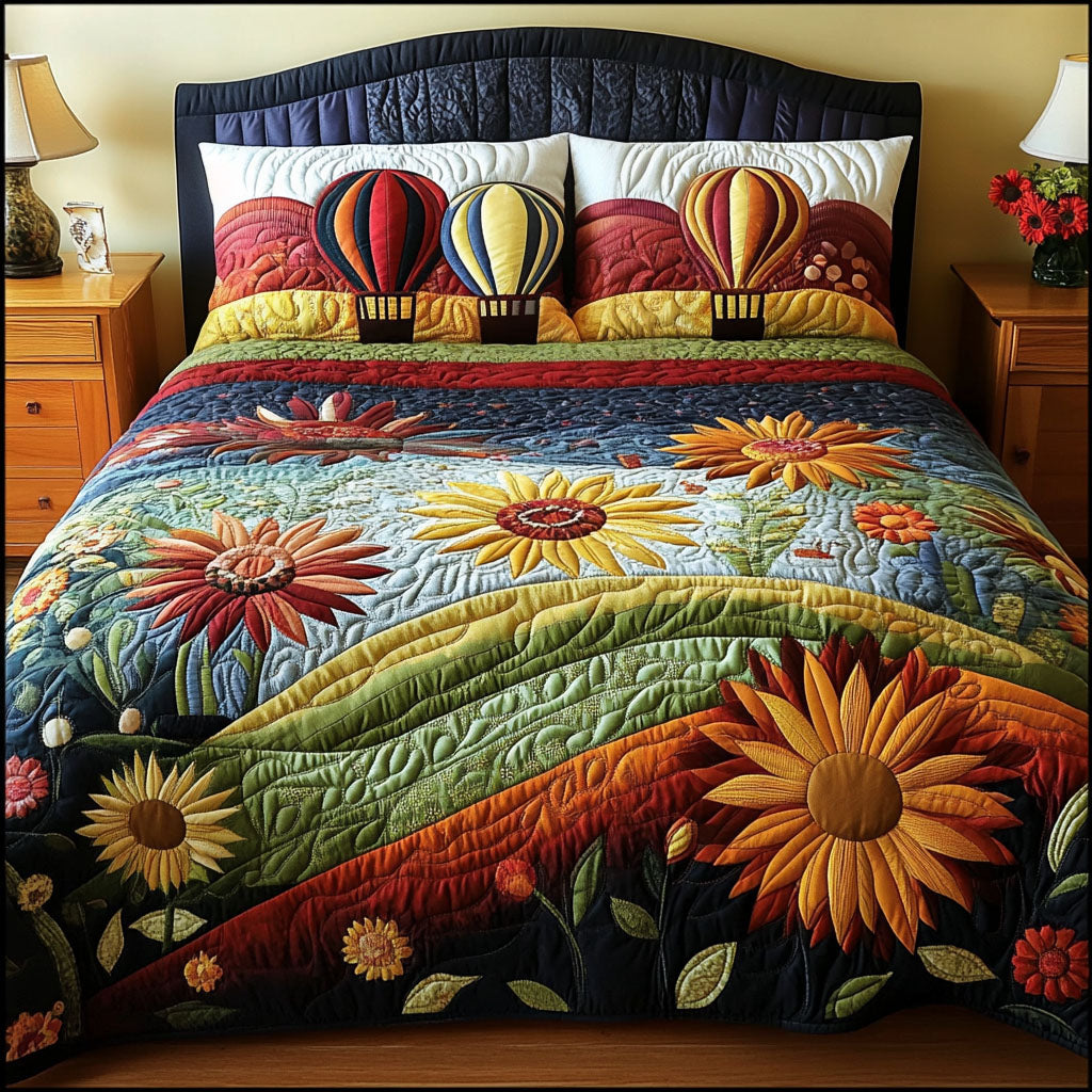Sunflowers in the Sky Quilted Bedding Set Aesthetic Room Decor Sky Air Balloon Gifts For Her