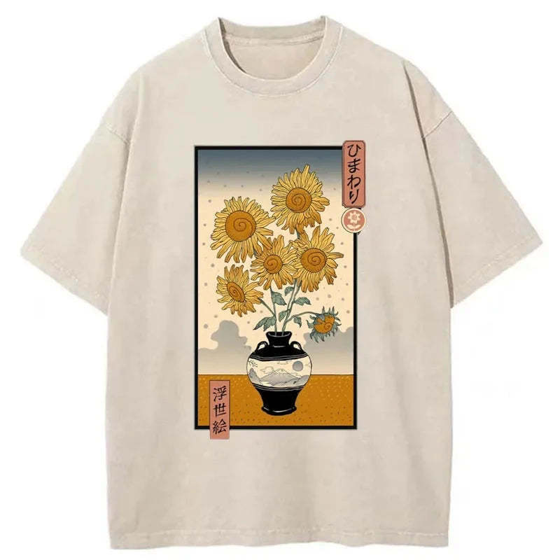Sunflowers Ukiyo-e Washed T-Shirt Cool Graphic Tee For Men Women Gifts For Friends