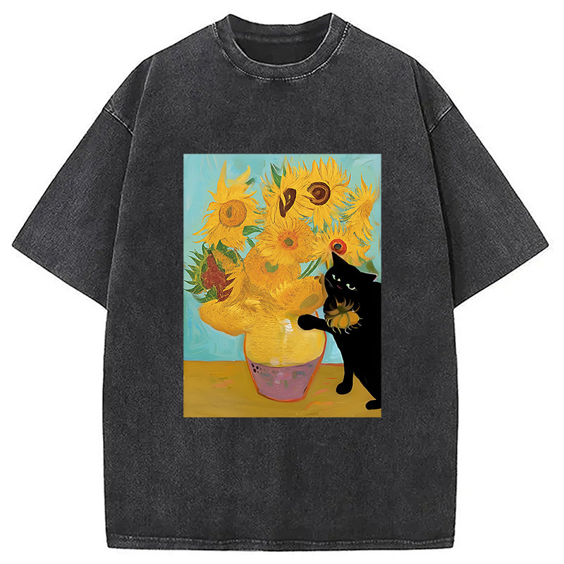Sunflowers With A Cat Washed T-Shirt Cool Urban Street Style Shirt Gifts For Brother