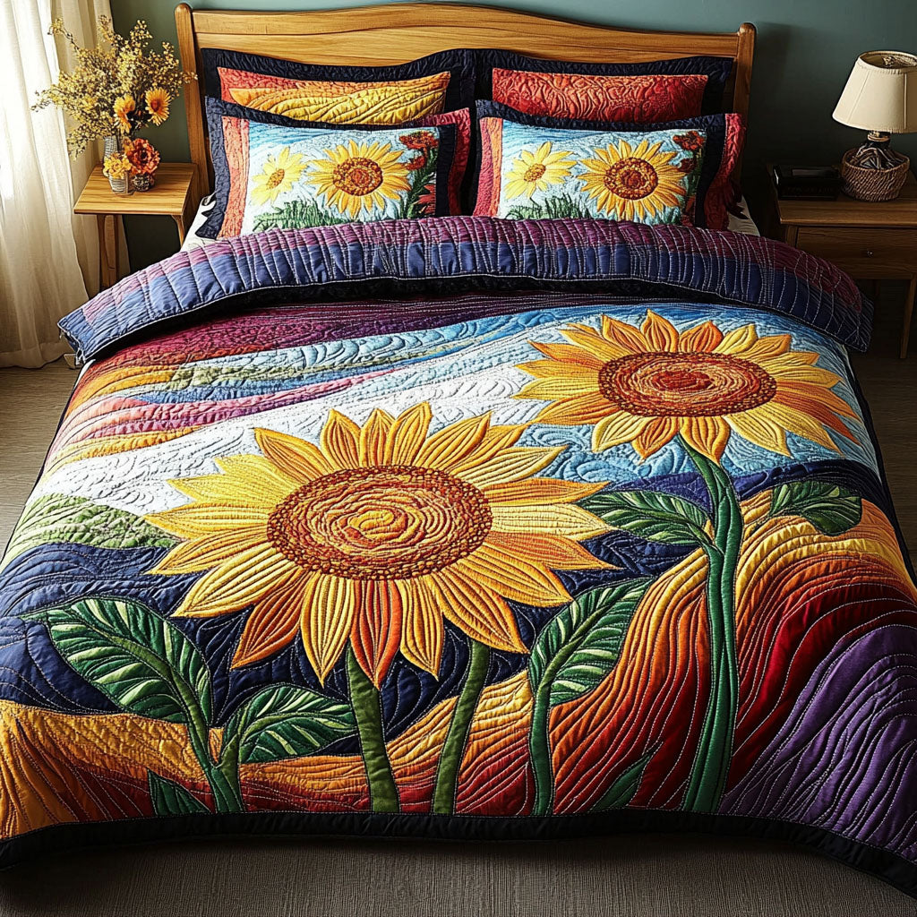 Sunkissed Petal Dreams Quilted Bedding Set Aesthetic Room Decor Sunflower Gift Items