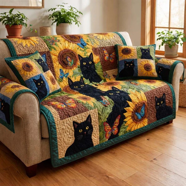 Sunlight Cat Meadow Quilted Sofa Cover Cat Lover Home Decor Gift For Cozy Living Room