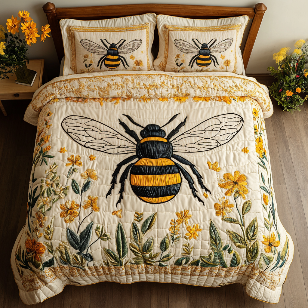 Sunlit Bee Quilted Bedding Set Holiday Duvet Covers Honey Themed Gifts