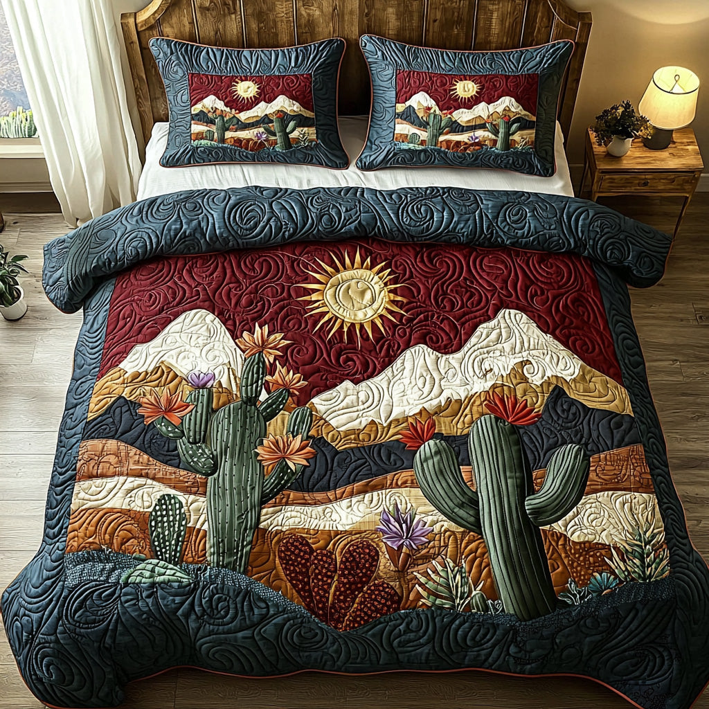 Sunlit Cactus Quilted Bedding Set Aesthetic Room Decor Cactus For Birthday Gift