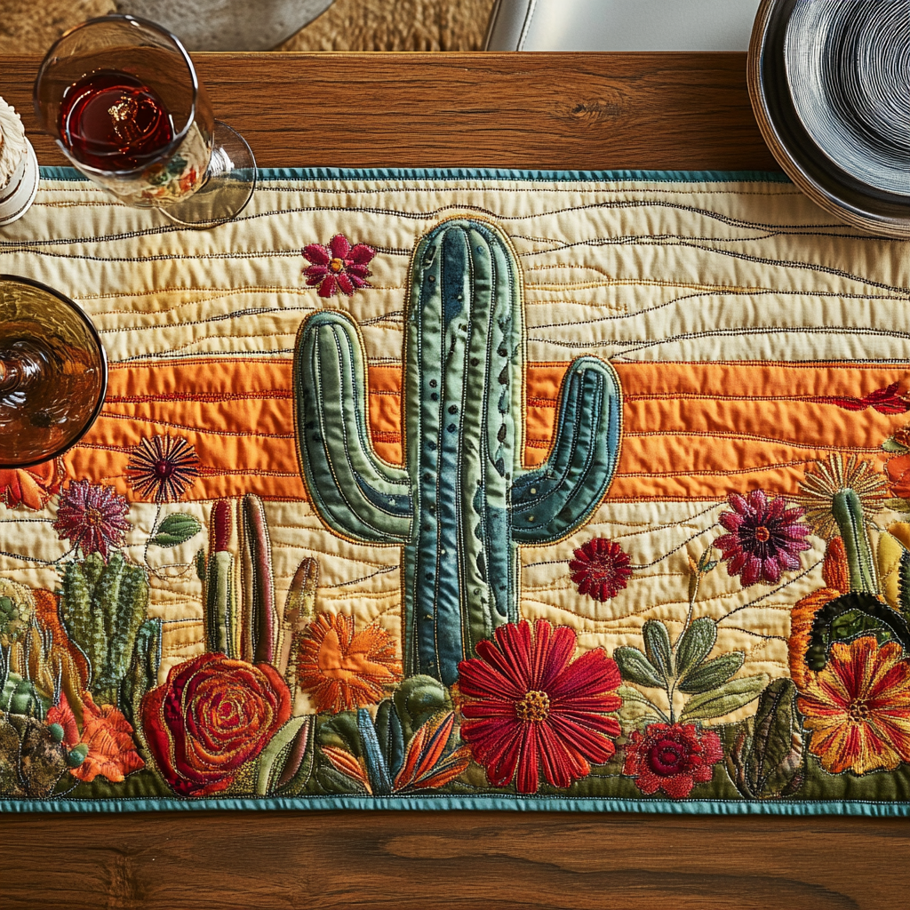 Sunlit Cactus Quilted Table Runner Dining Table Ideas Gifts For Cactus Lovers