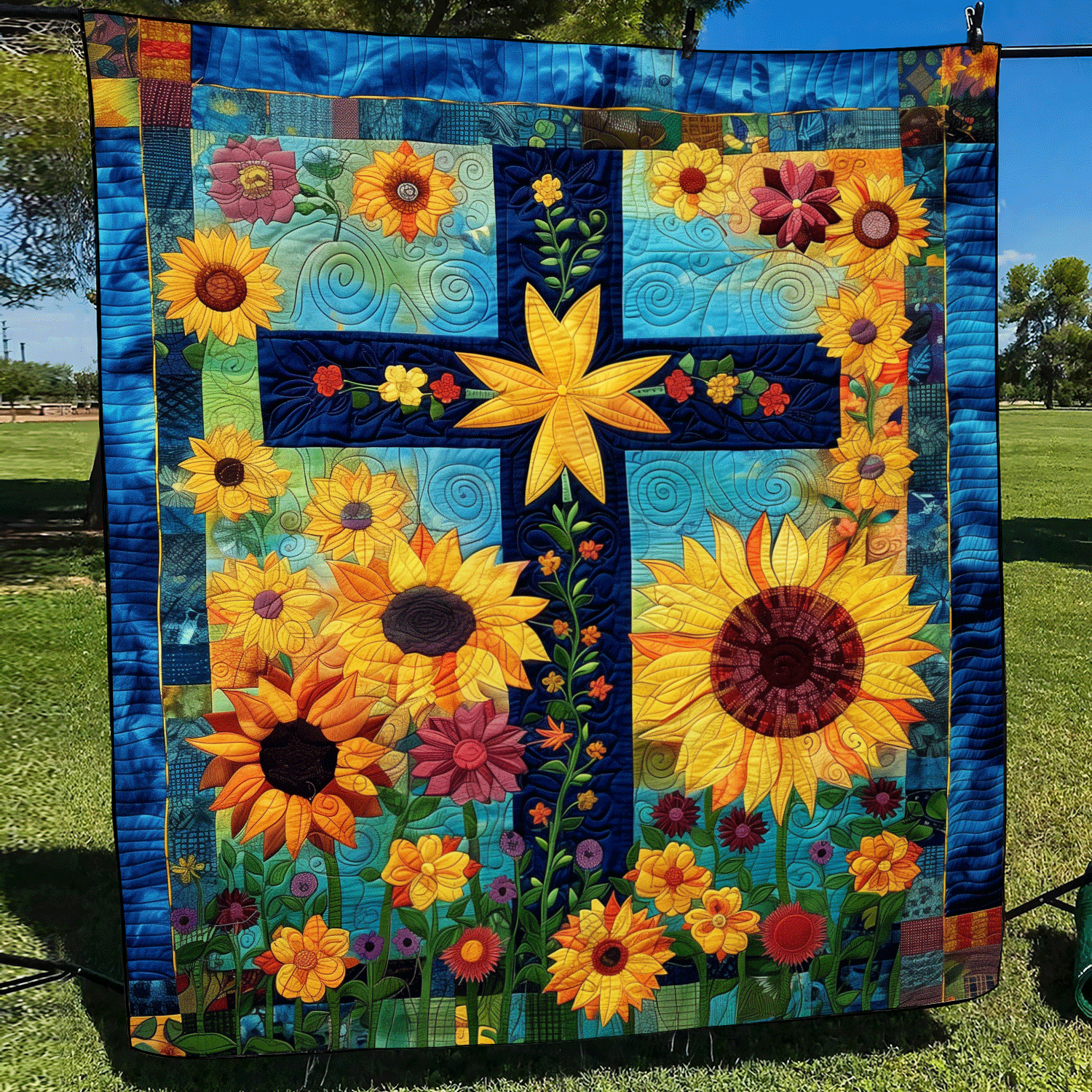 Sunlit Cross Quilted Blanket Sunflower Throw Blanket