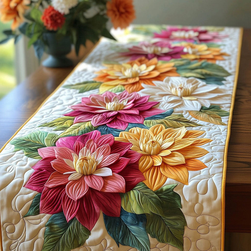 Sunlit Dahlia Row Quilted Table Runner Spring Floral Table Runner Unique Gifts For Family