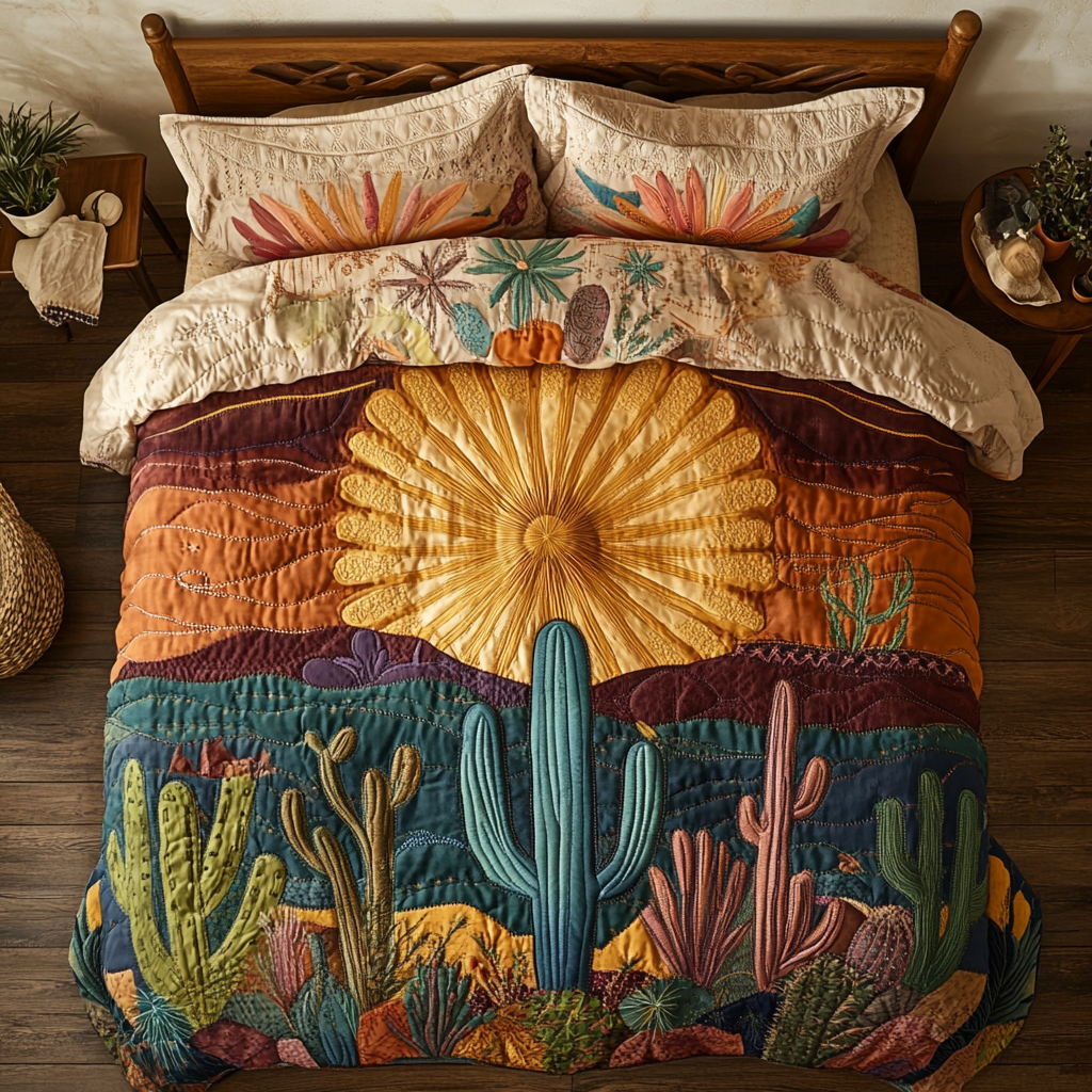 Sunlit Dunes Quilted Bedding Set Cute Room Decor Great Cactus Themed Gifts