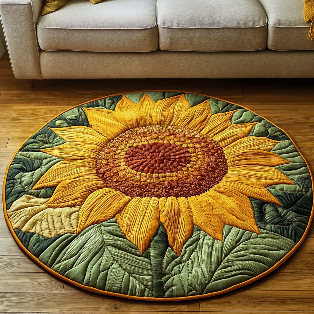Sunlit Embrace Quilted Round Mat Unique Front Door Decor Gifts For Sunflower Lovers