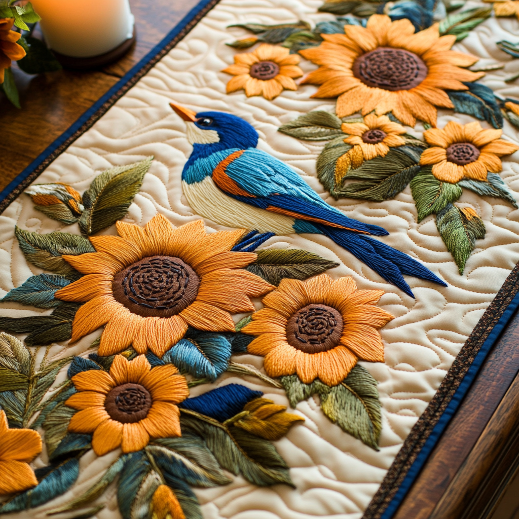 Sunlit Feathers Quilted Table Runner Kitchen Table Decor Sunflower Presents Merchandise