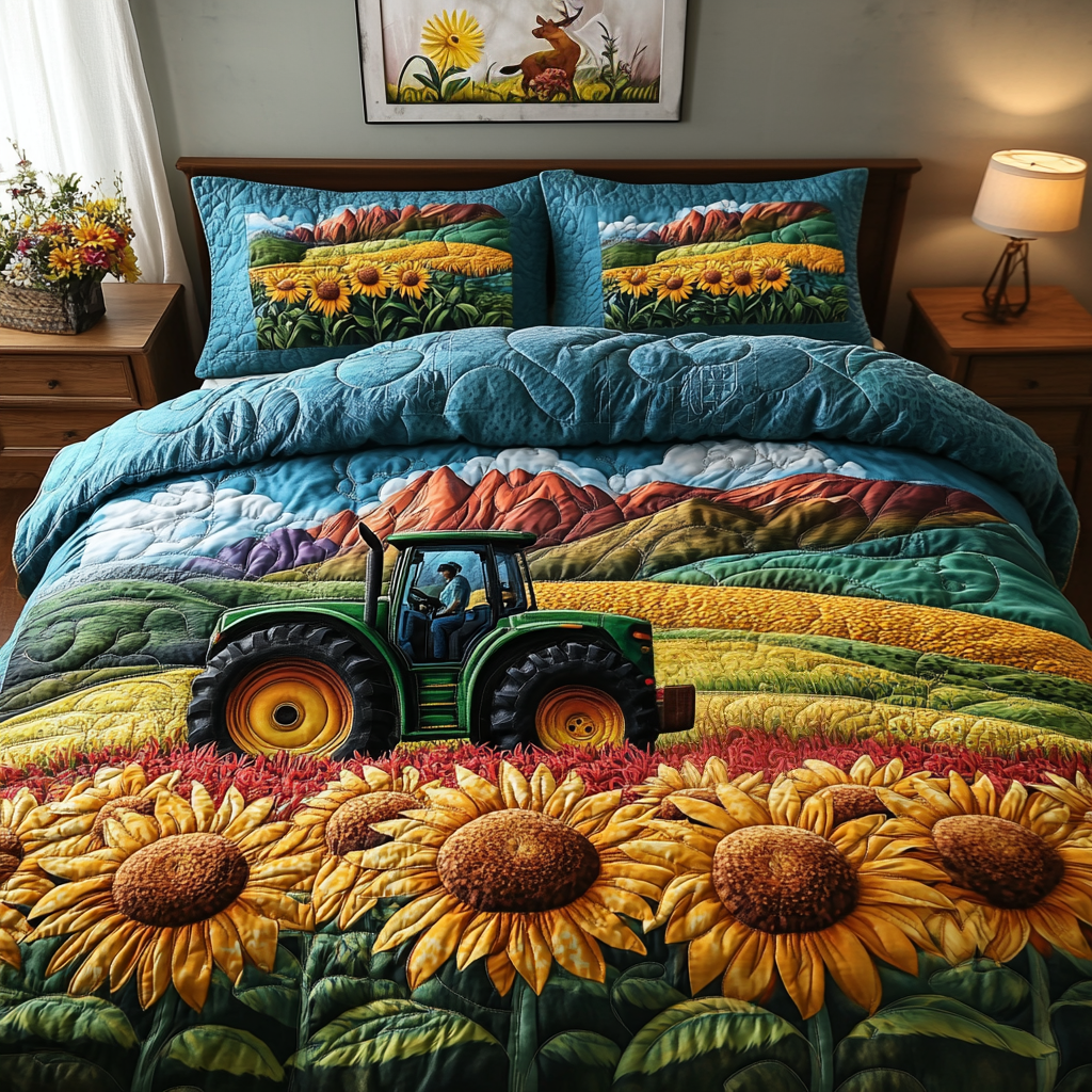 Sunlit Fields Quilted Bedding Set Best Bed Sheet Set Christmas Gifts For Tractor Lovers