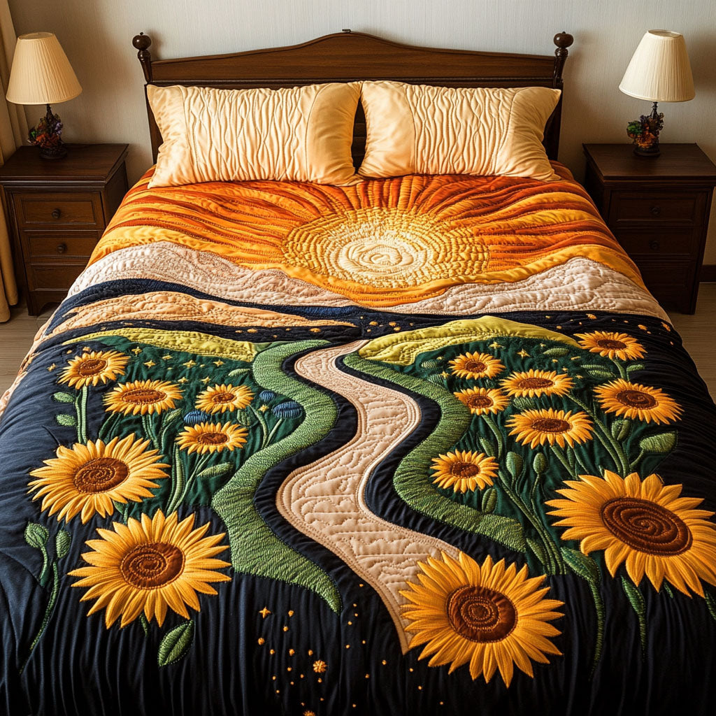 Sunlit Floral Trail Quilted Bedding Set Bed Decorations Sunflower Gift Items