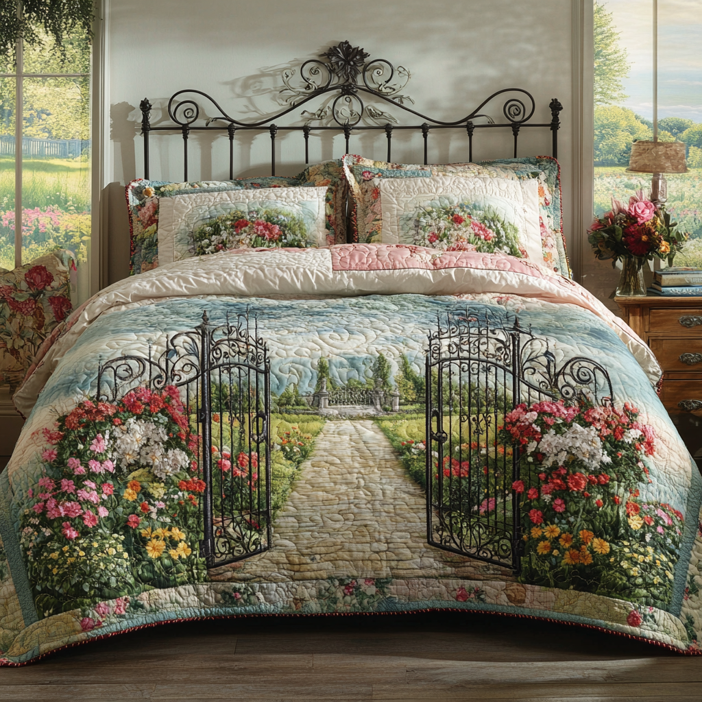 Sunlit Garden Gate Quilted Bedding Set Bed Room Decoration Best Gifts For Flower Lovers