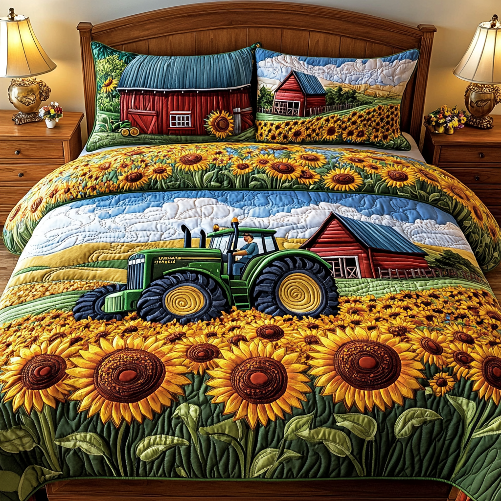 Sunlit Harvest Quilted Bedding Set Unique Bed Sheet Set Christmas Gifts For Tractor Famers