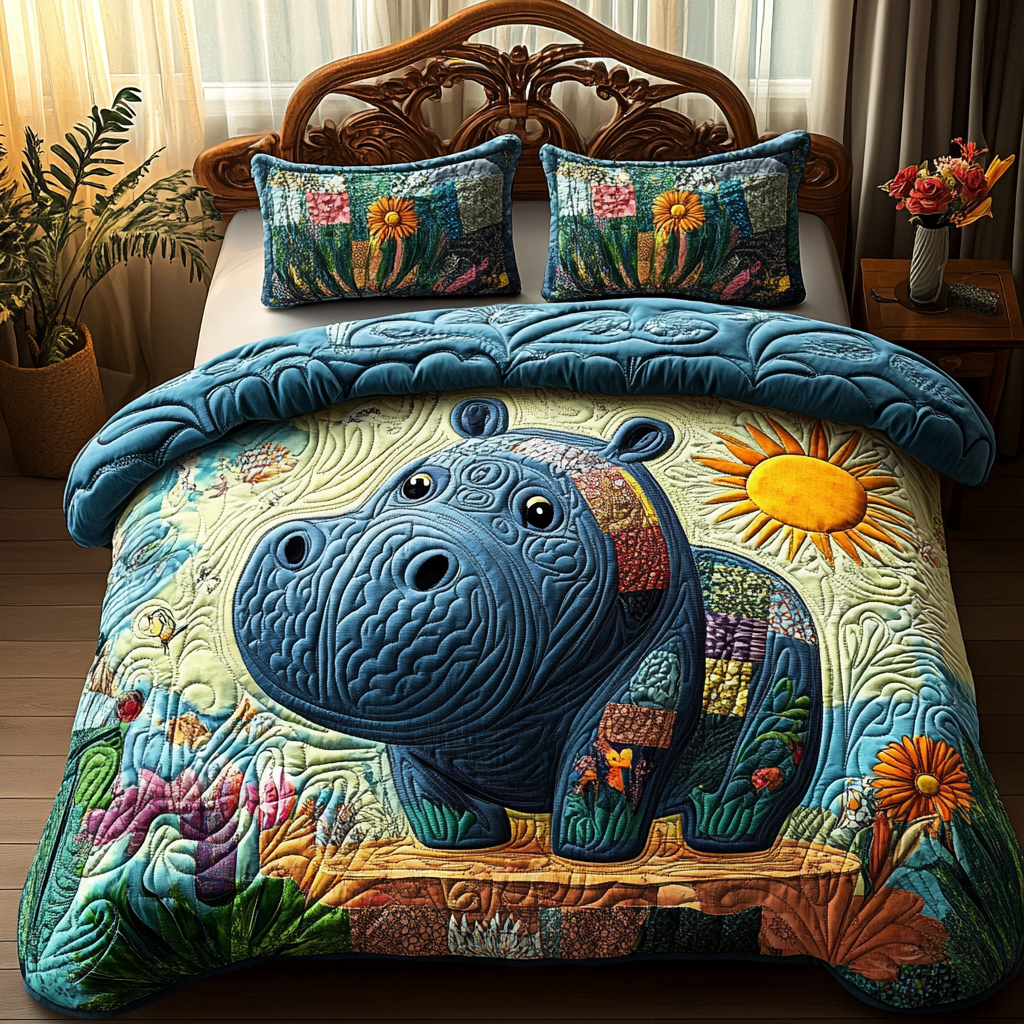 Sunlit Hippo Quilted Bedding Set Comfortable Microfiber Bedding Set for Everyday Use