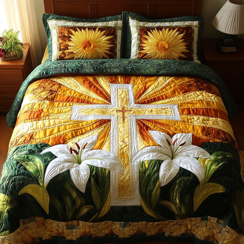 Sunlit Lily Cross Quilted Bedding Set Bed Decorations Christian Present Ideas