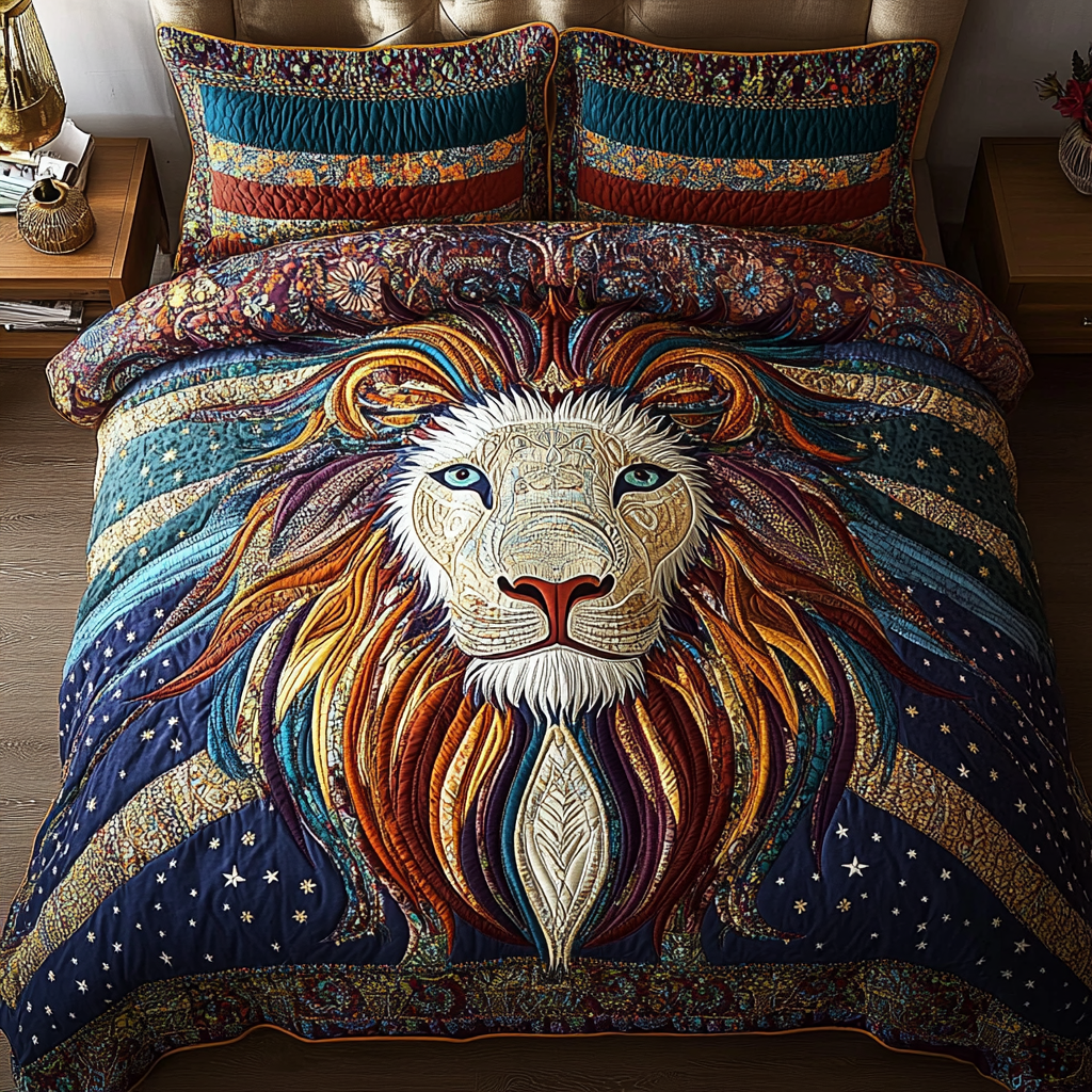 Sunlit Majesty Quilted Bedding Set Bed Room Decoration Lion Gifts For Adults