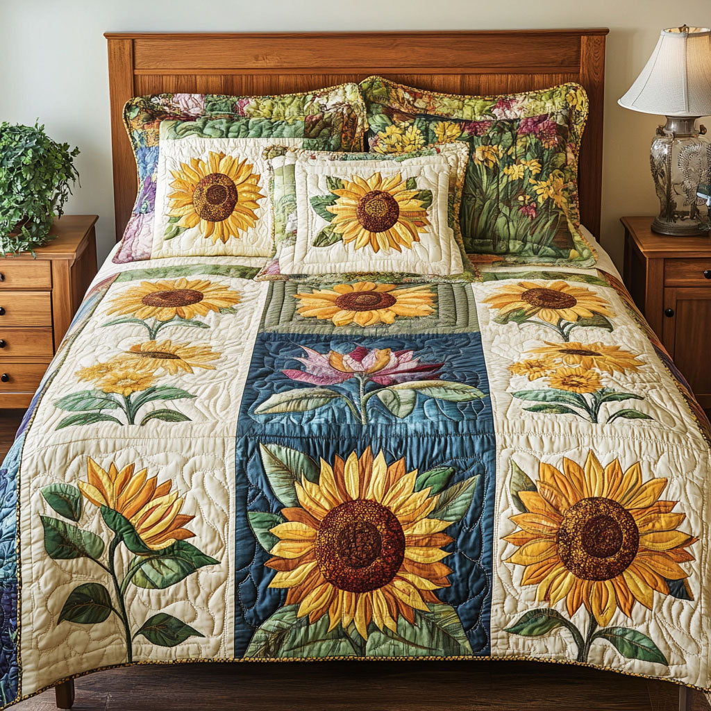 Sunlit Meadow Quilted Bedding Set Bed Decor Sunflower Gifts For Her