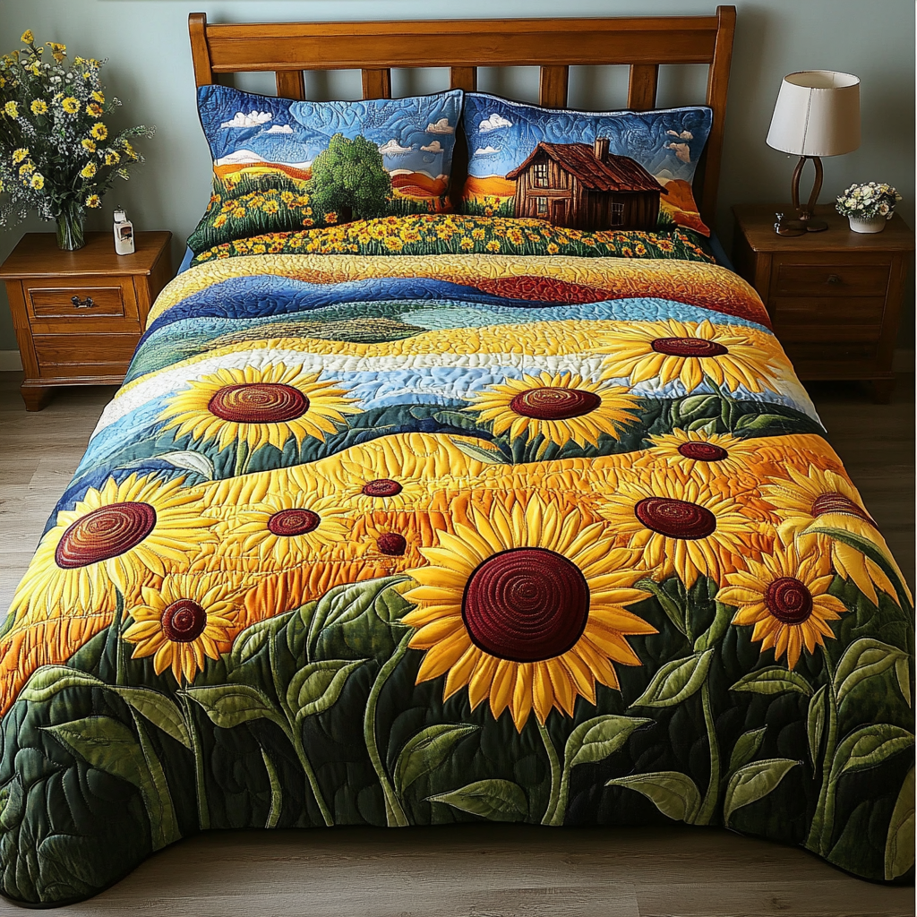Sunlit Meadows Quilted Bedding Set Best Bed Sheet Set Gifts For Sunflower Lovers