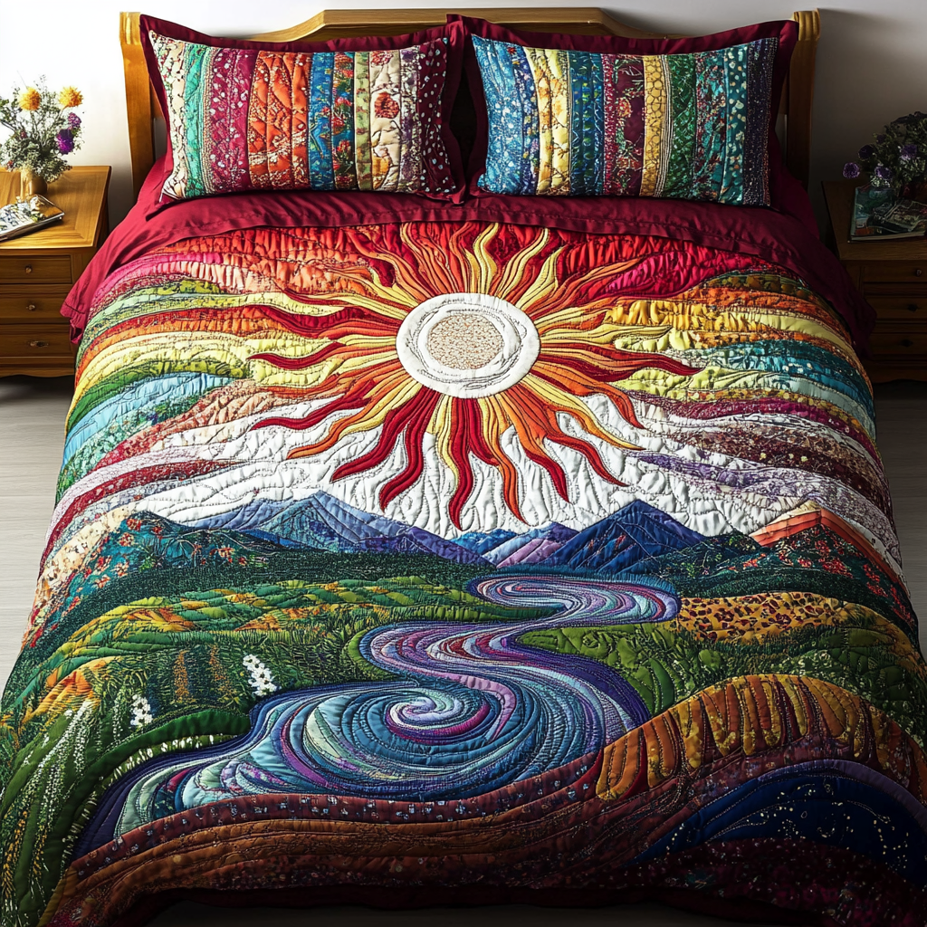 Sunlit Meadows Quilted Bedding Set Queen Size Comforter Anniversary Gift for Couples