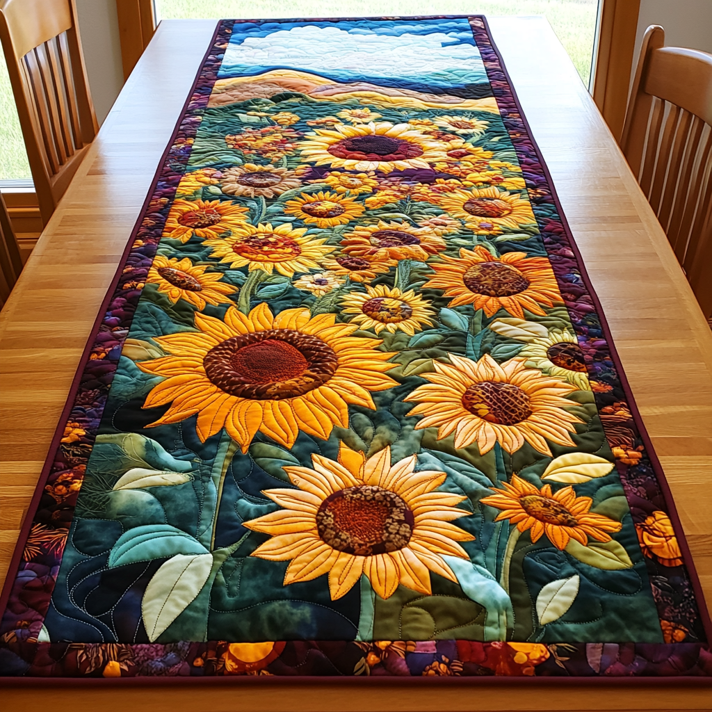 Sunlit Petals Quilted Table Runner Dining Table Decor Ideas Gifts For Sunflower Lovers