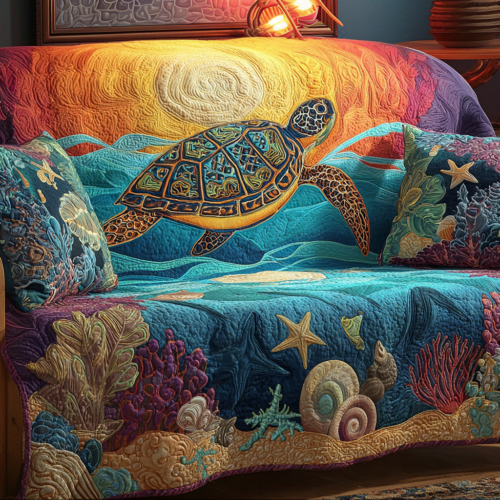 Sunlit Sea Journey Quilted Sofa Cover Holiday Couch Covers Gifts For People Who Loves Sea Turtle