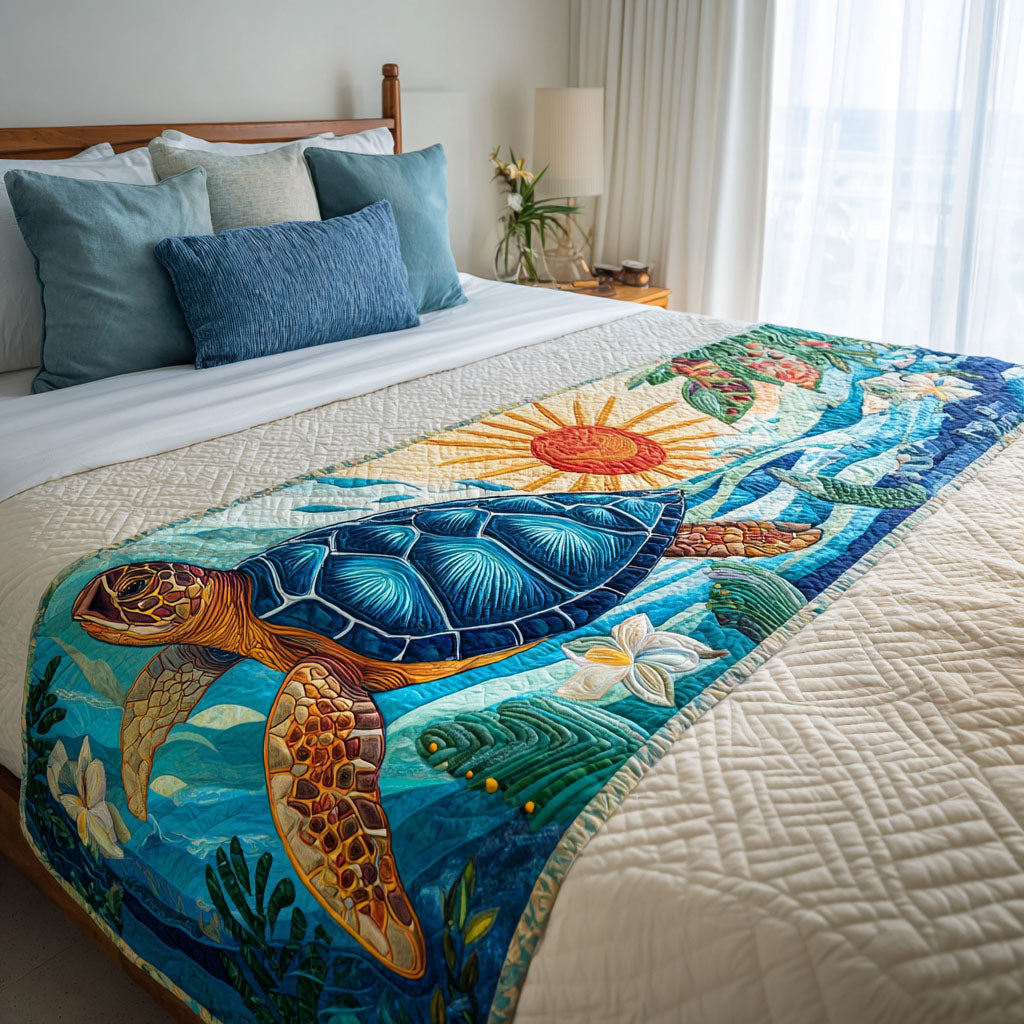 Sunlit Shell Quilted Bed Runner Cute Bedroom Decor Sea Turtle Stuff