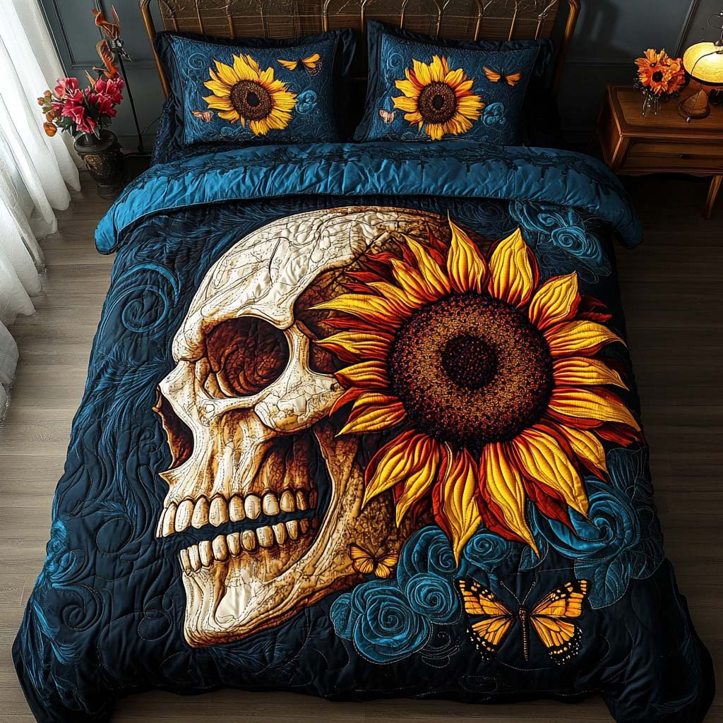 Sunlit Skull Quilted Bedding Set Bed Room Decoration Skull Gifts For Dad