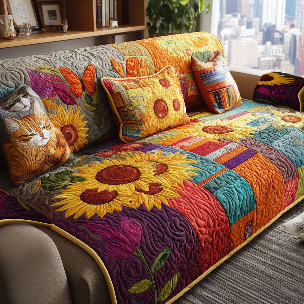 Sunlit Whiskers Quilted Sofa Cover Home Decorattions Christmas Gifts For Book Lovers