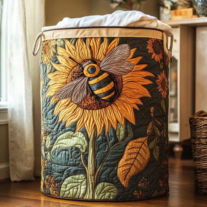 Sunny Bee Sunflower Quilted Laundry Basket Cozy Home Storage Organizer Best Gift For Bee Lovers