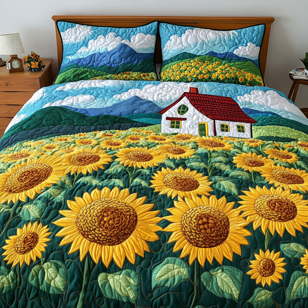 Sunny Bloom Quilted Bedding Set Bedroom Decor Sunflower Gifts For Friends
