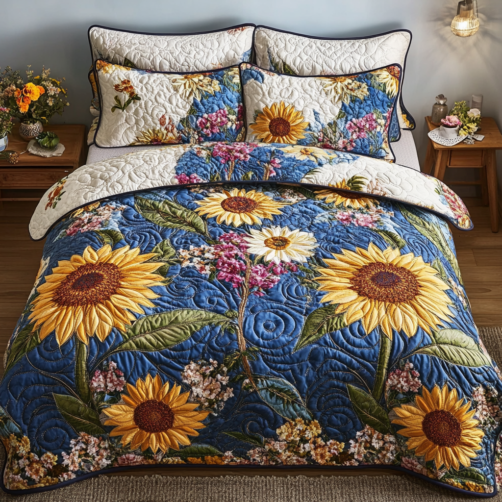 Sunny Bloom Quilted Bedding Set Cozy Bedding Merch Gift That Brings Sweet Dreams