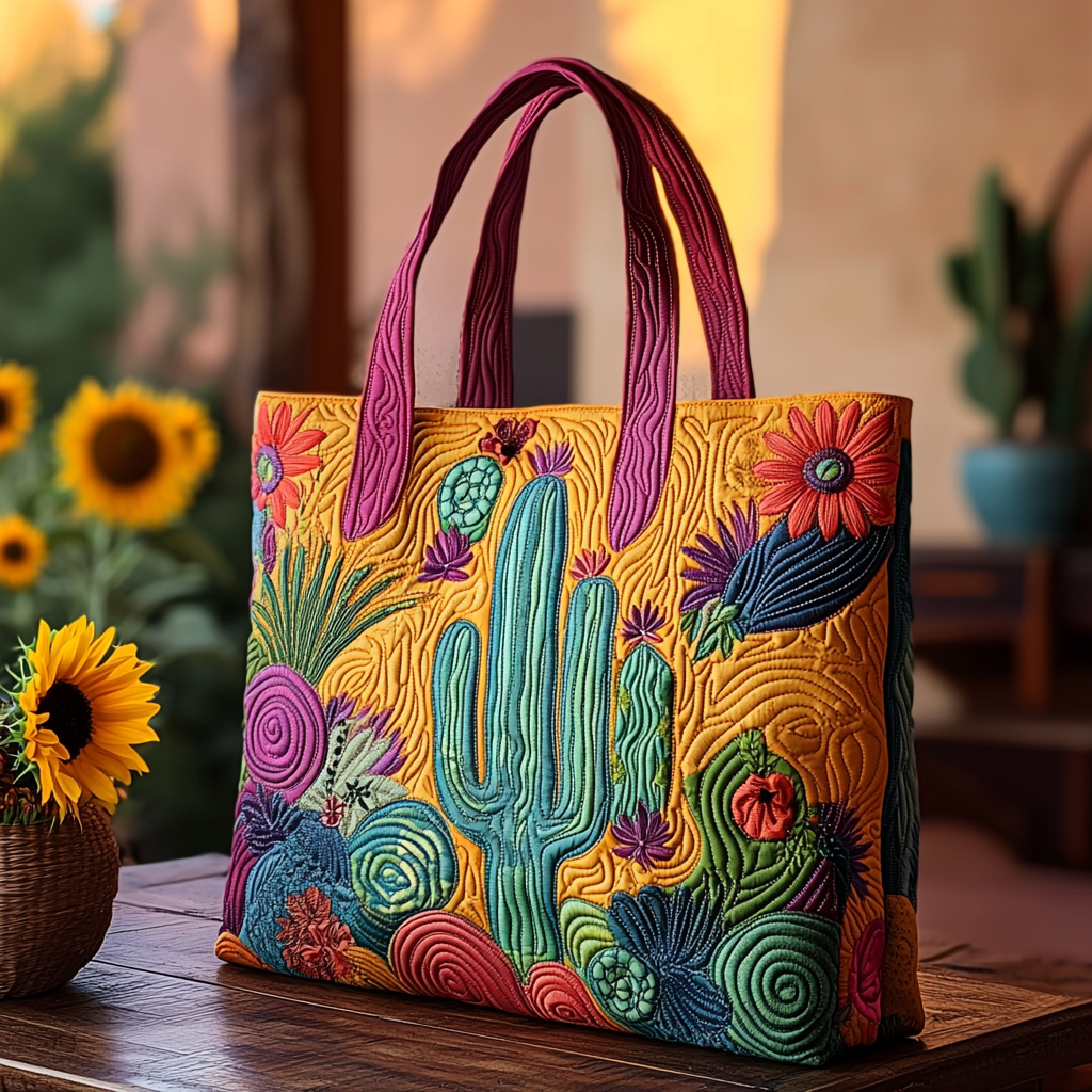 Sunny Bloom Quilted Tote Bag Cactus For Birthday Gift