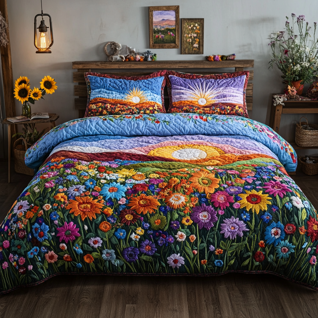 Sunny Blooms Quilted Bedding Set Thoughtful Bedding Gift for Cozy Winter Nights