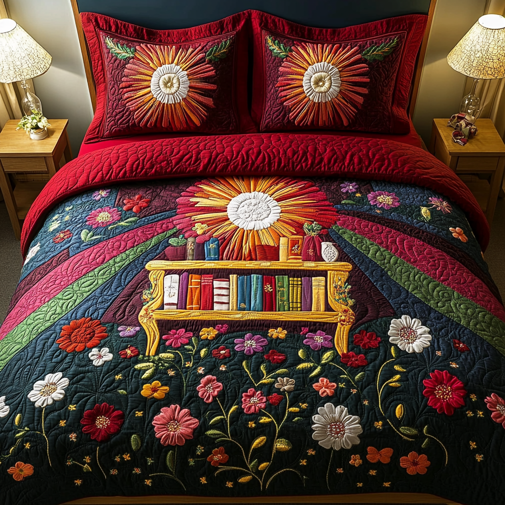 Sunny Bookshelf Quilted Bedding Set Bedroom Decorations Gifts For Readers